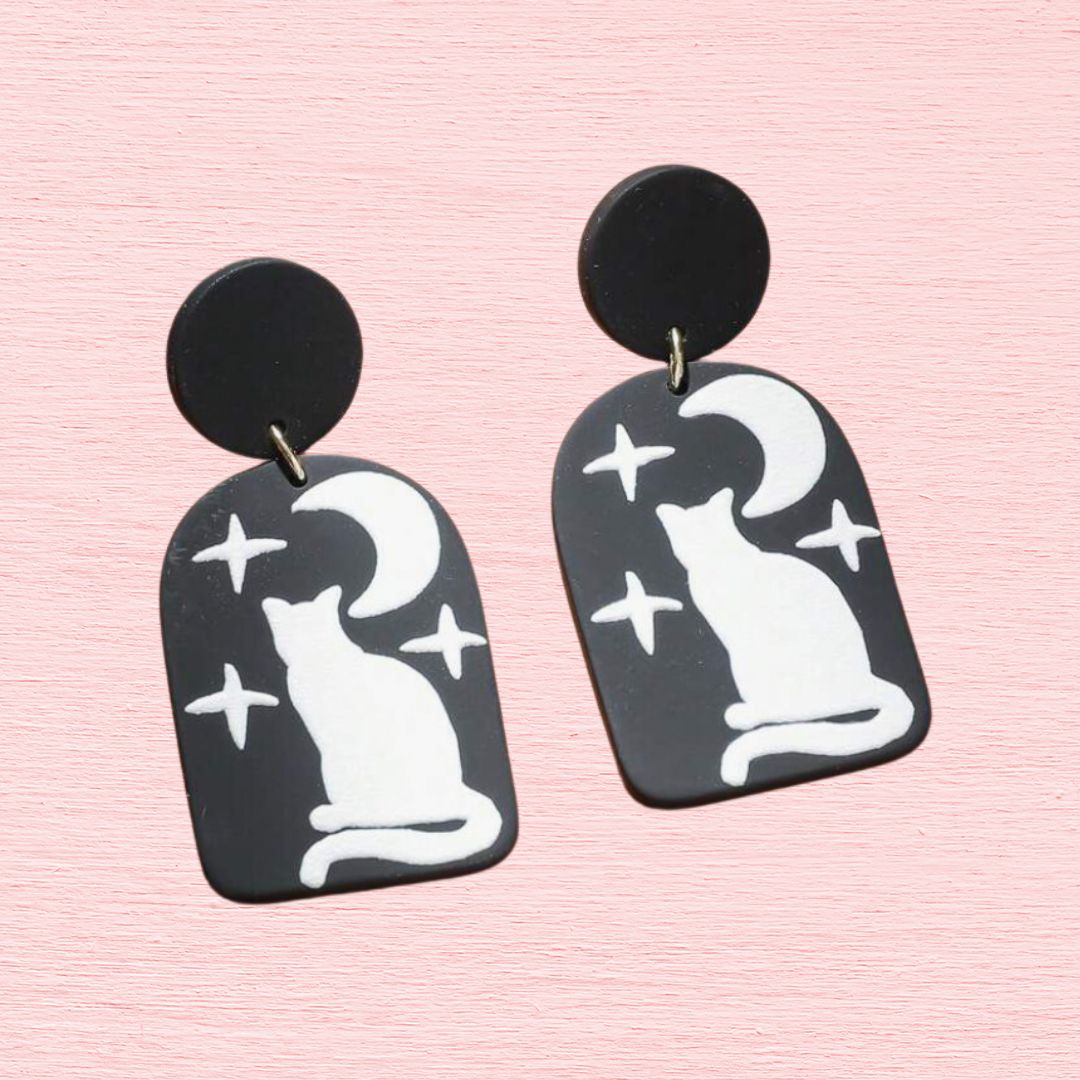 Creepy Cat Crescent Halloween Earrings