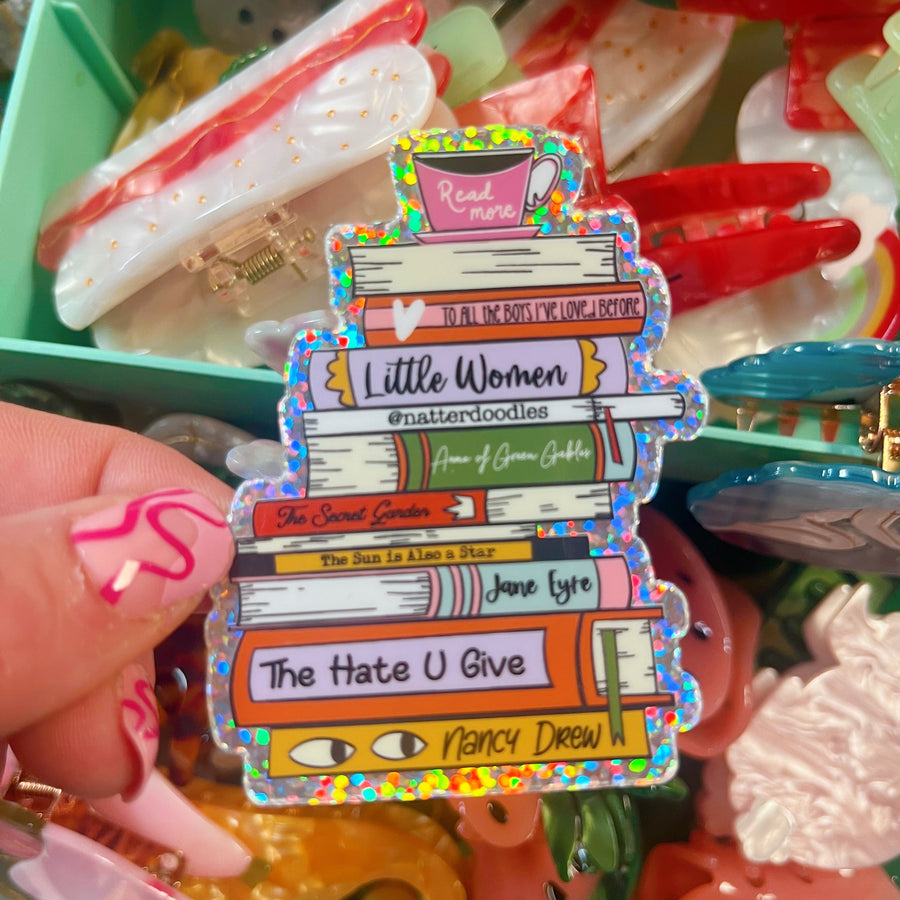 Girls Growing Up Book Stack Sticker – Glitter Vinyl Book Lover Decal for YA Readers