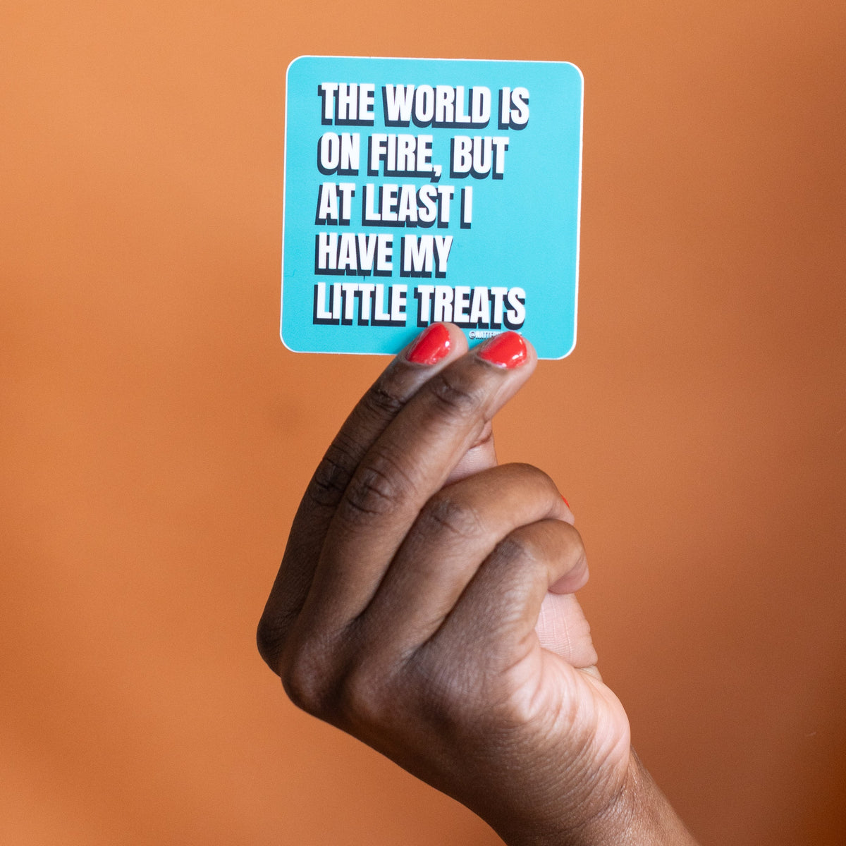 Close-up of bold white lettering with black shadow on The World Is on Fire Little Treats sticker