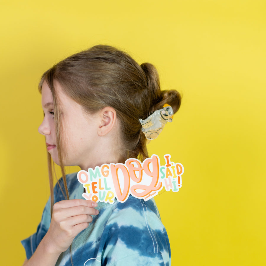Person with a hair clip shaped like a dog on a yellow background