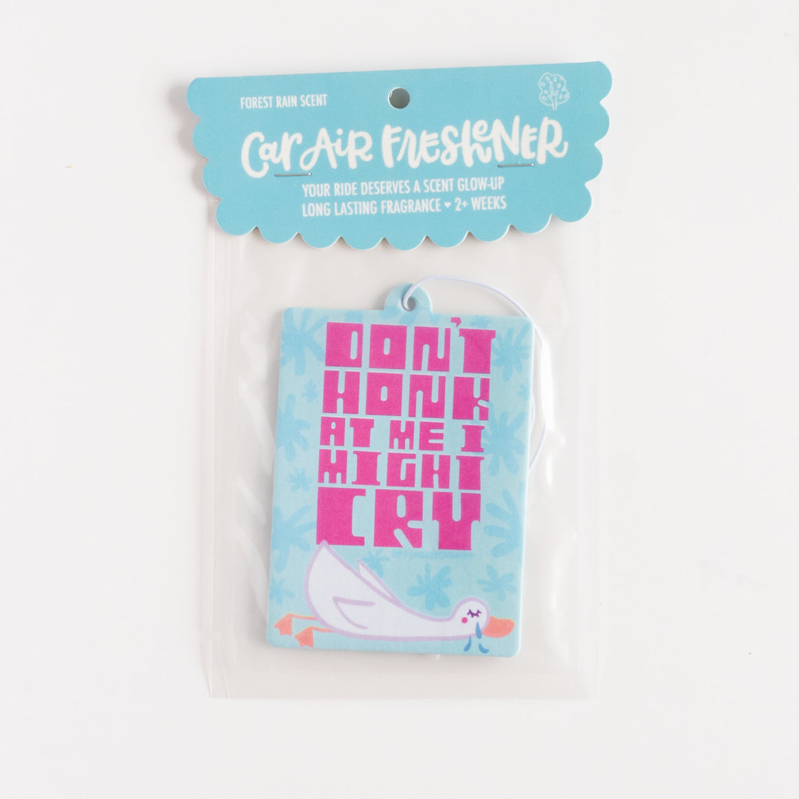 blue car air freshener with packsging featuring a crying goose on a white background