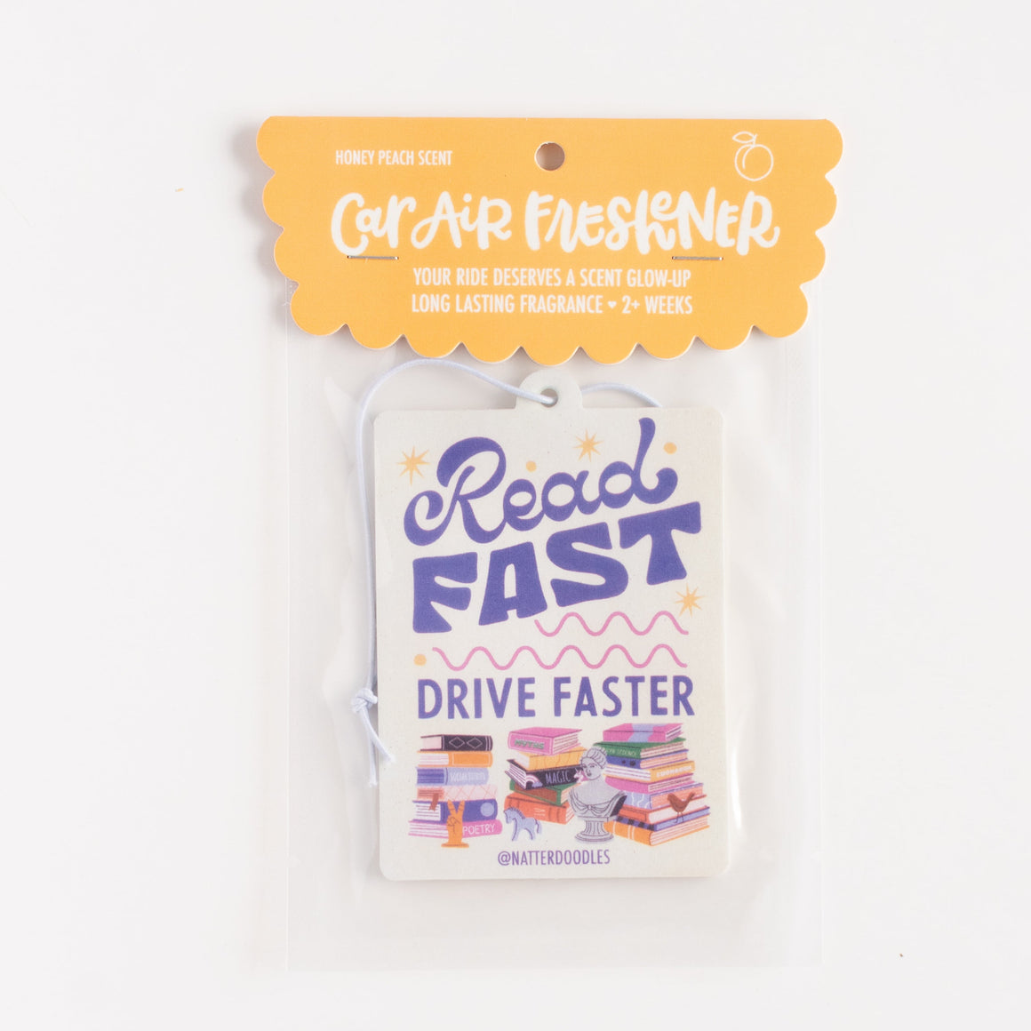 Car air freshener packaging with text on a white background