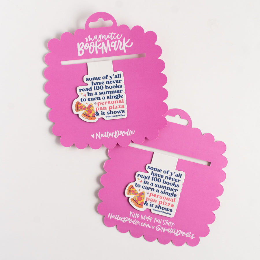 Pink bookmark packaging with text and a cartoon character on a white background