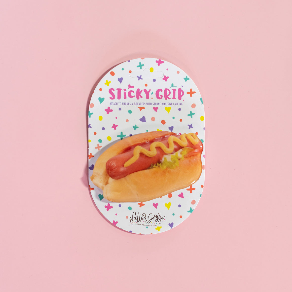 Sticky crib with hot dog design on a pink background