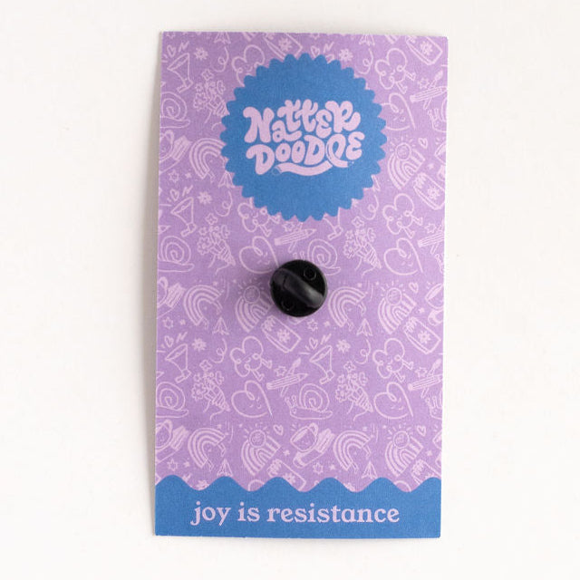 Make a Splash acrylic pin with a smiling coffee pot pouring into a pink cup, on a NatterDoodle backing card