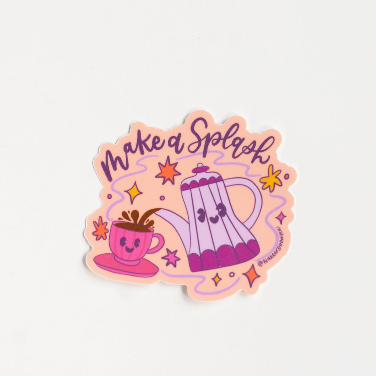 Make a Splash vinyl sticker with a smiling coffee pot pouring into a pink cup on a soft peach background