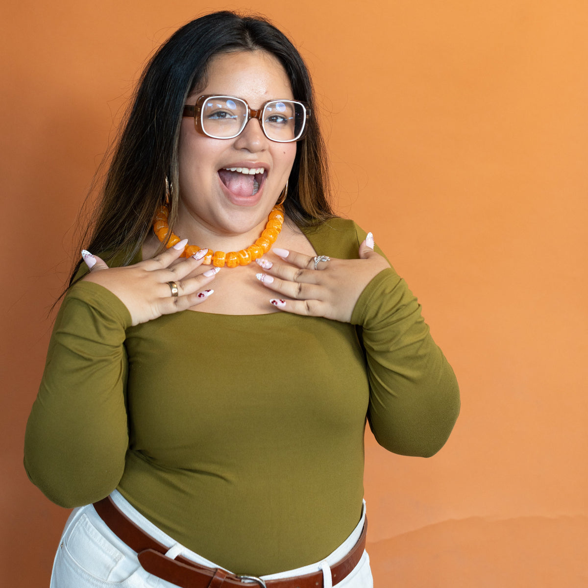 Orange You Glad beaded necklace styled with a casual outfit, fun gift for her
