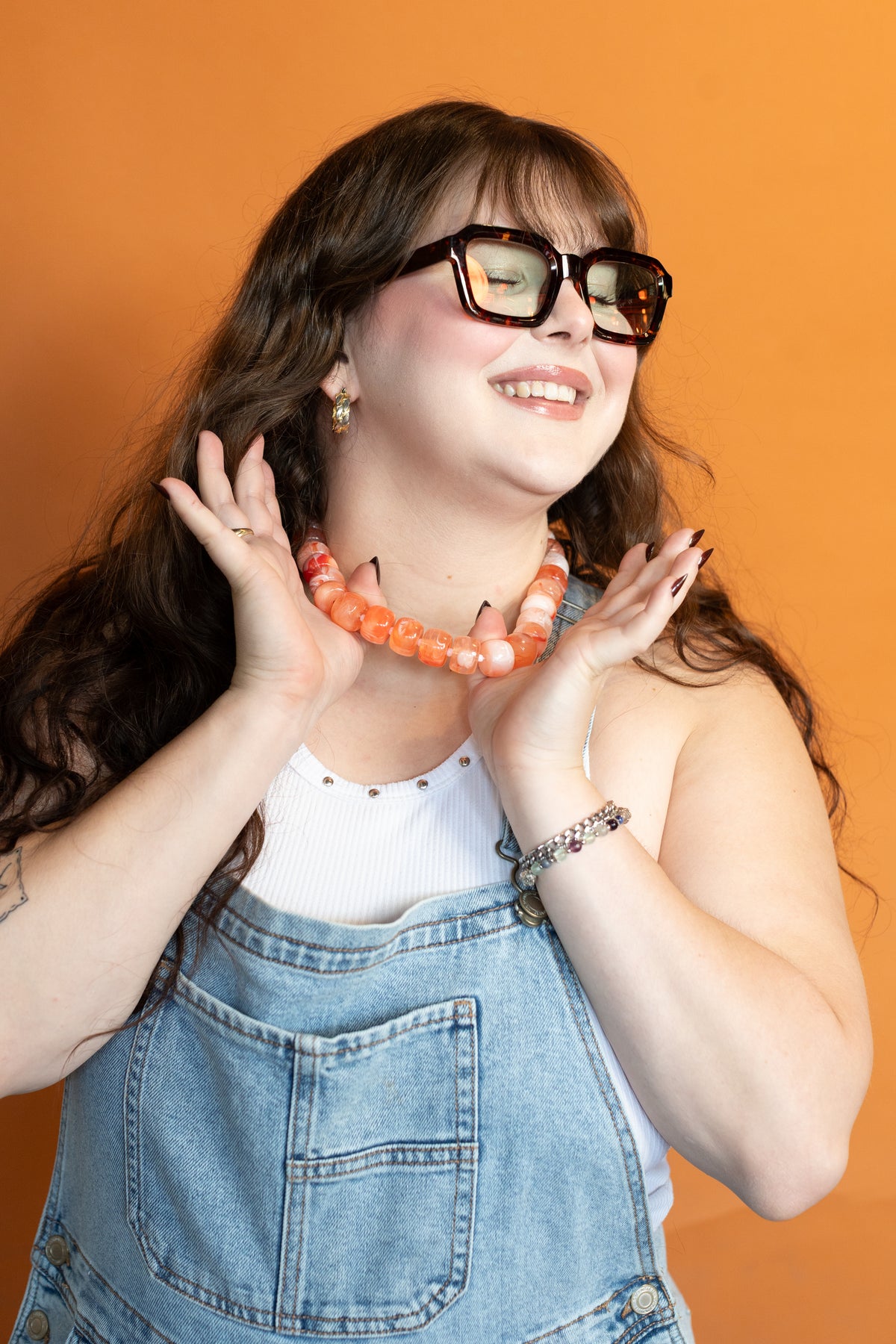 Peach, Please acrylic beaded necklace worn by a model