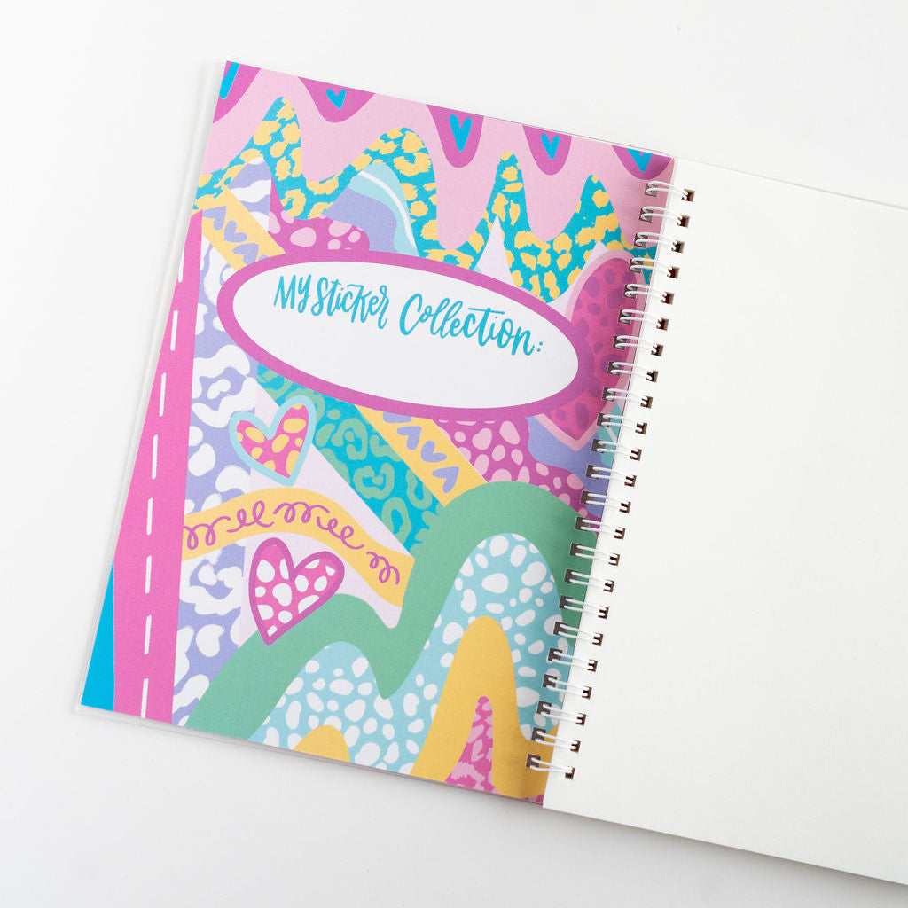 Colorful sticker book with abstract patterns and 'My Sticker Collection' text on a white background