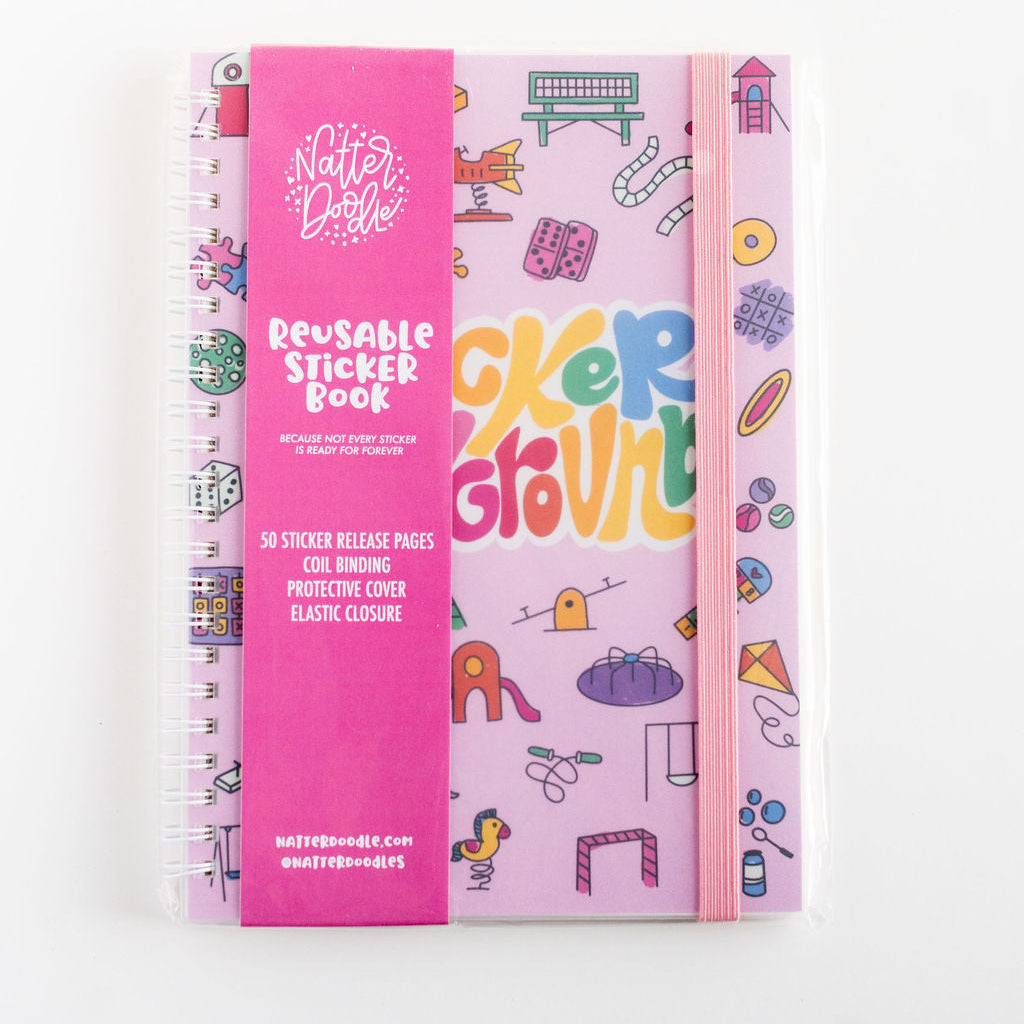 De reusable sticker book with colorful design on a white background