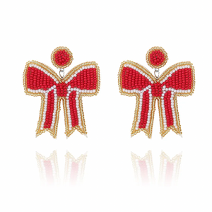 Red Christmas Beaded Bow Earrings