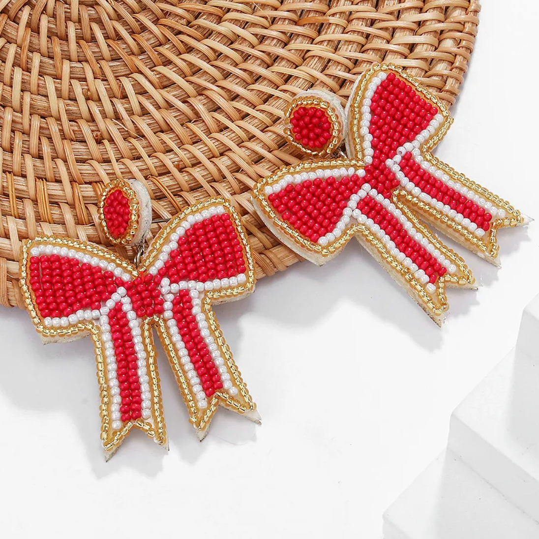 Red Christmas Beaded Bow Earrings