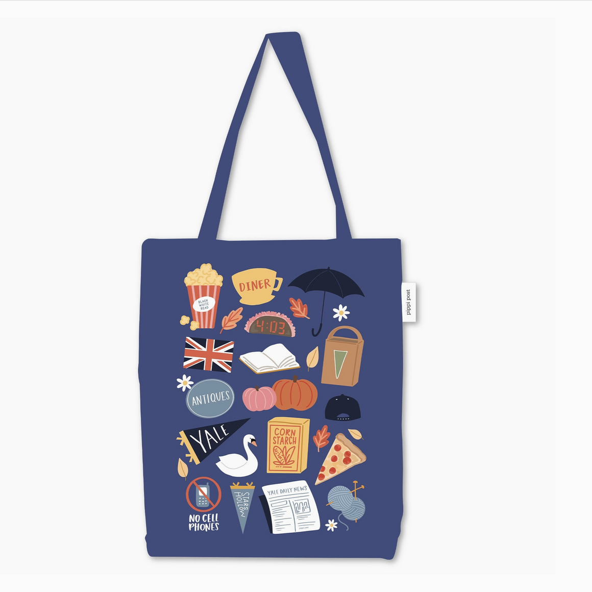 Blue tote bag with various illustrations on a white background