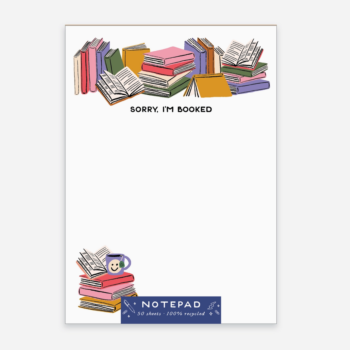 Notepad with colorful books illustration and 'Sorry, I'm Booked' text on a white background