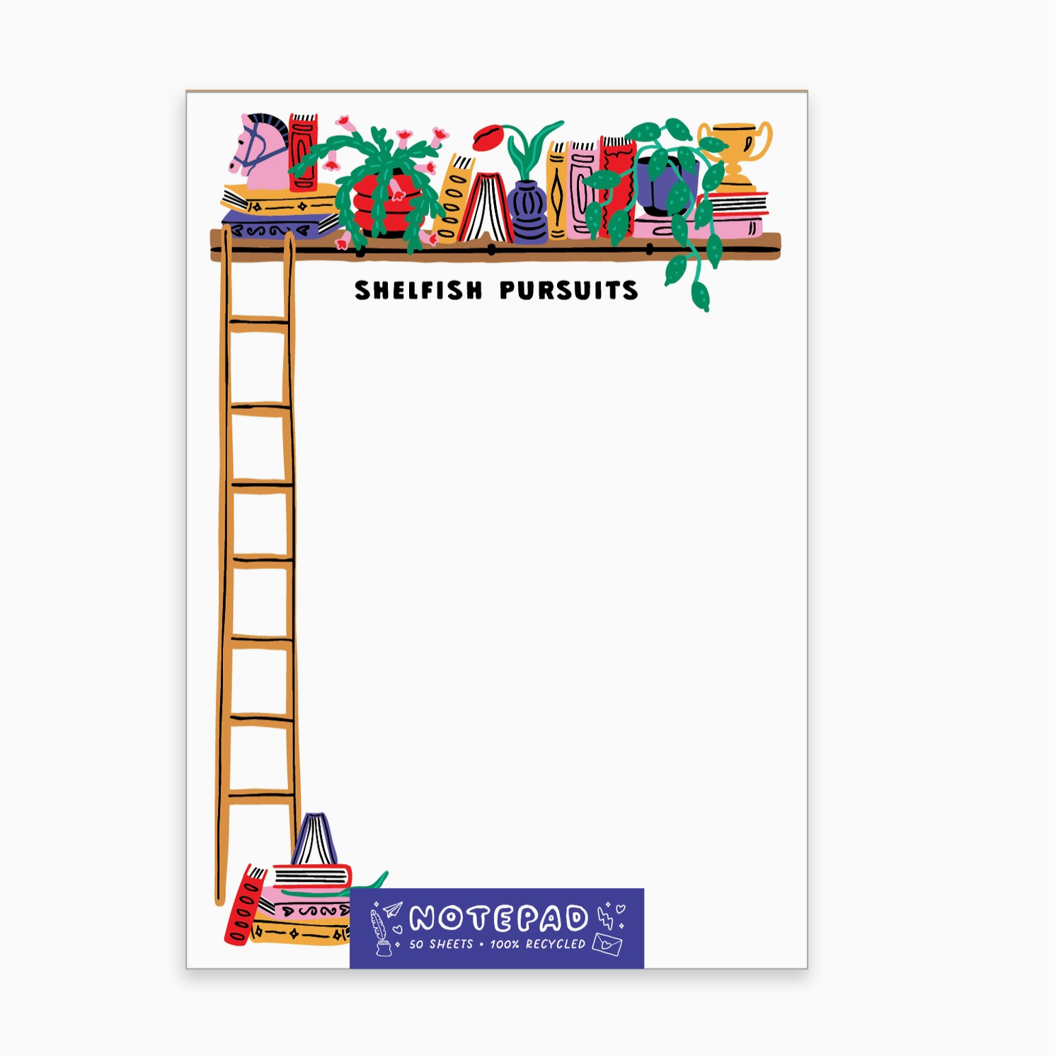 Notepad with a ladder and shelves illustration on a white background