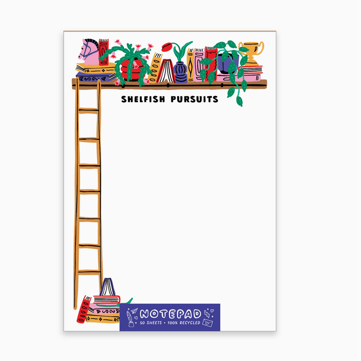 Notepad with a ladder and shelves illustration on a white background
