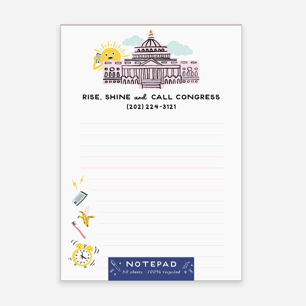 Notepad with a building illustration and text on a white background
