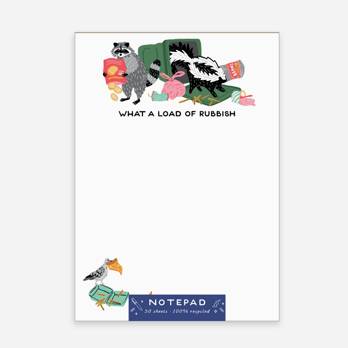 Notepad with illustrations of a raccoon and skunk, text 'What a Load of Rubbish', and a bird on a white background.