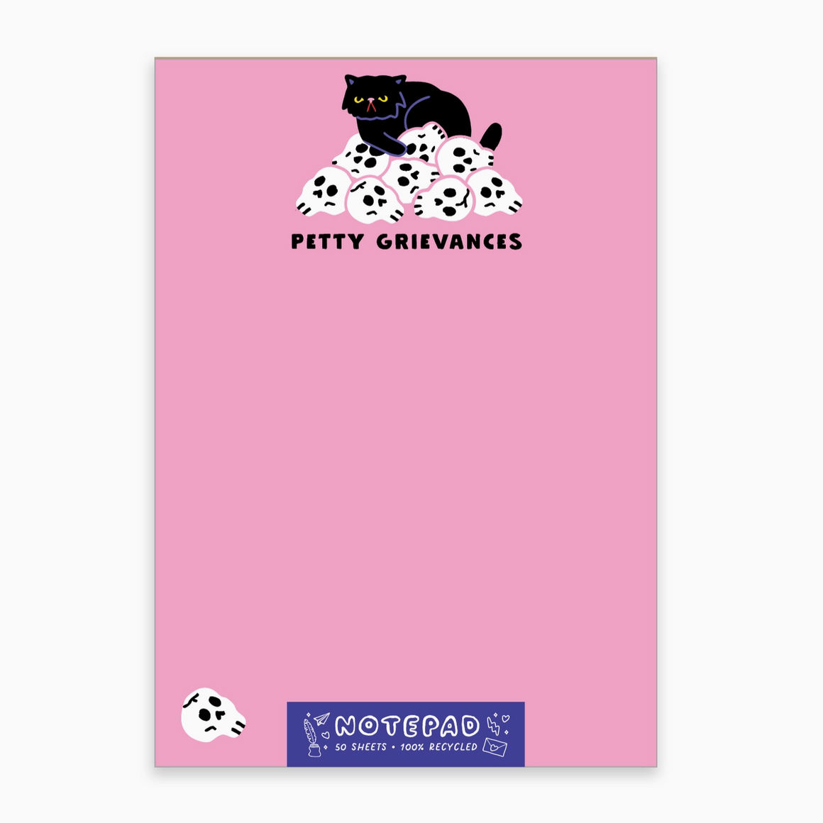Notepad with a cat and skulls illustration on a pink background