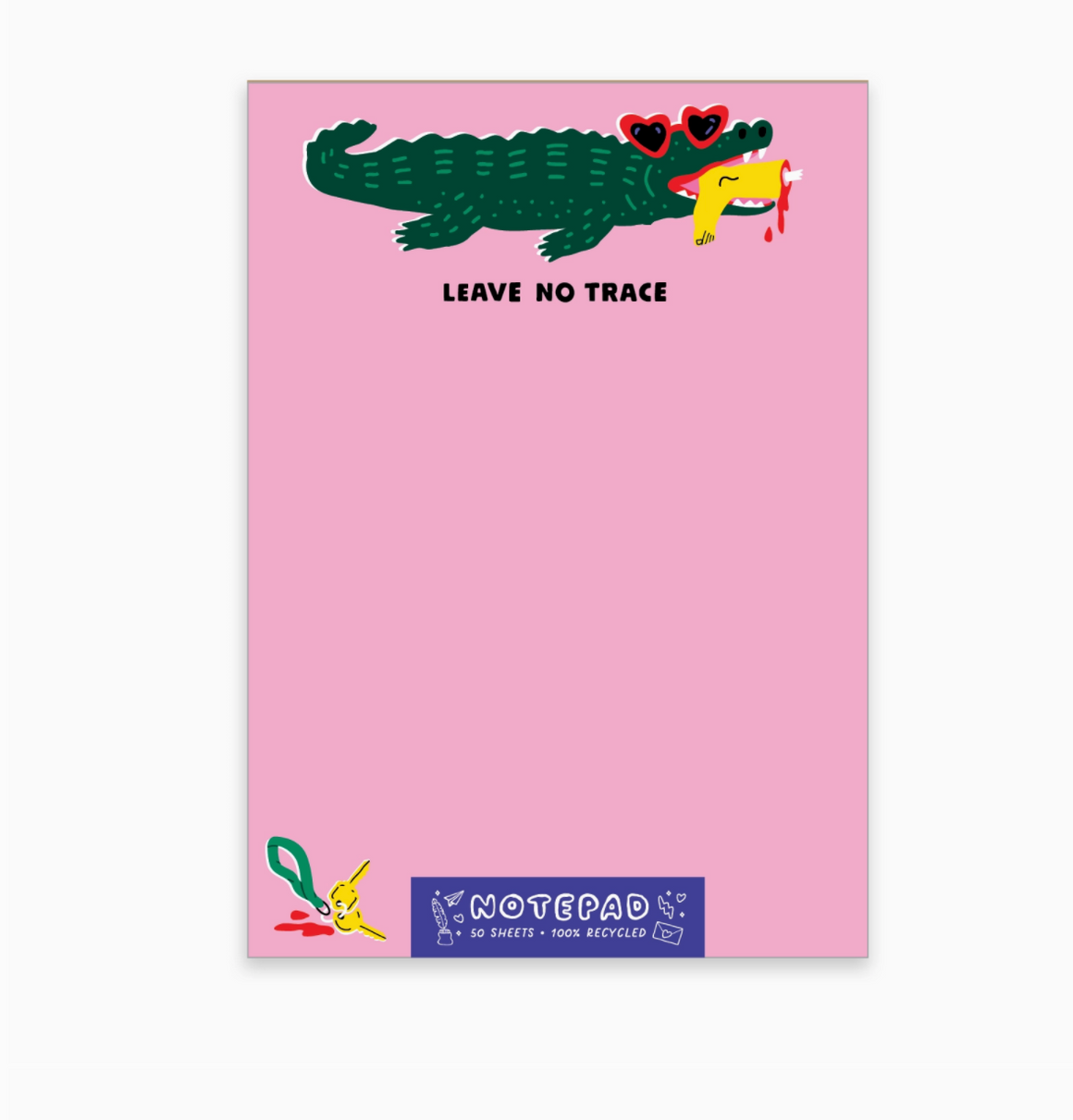 Notepad with a crocodile illustration and 'Leave No Trace' text on a pink background