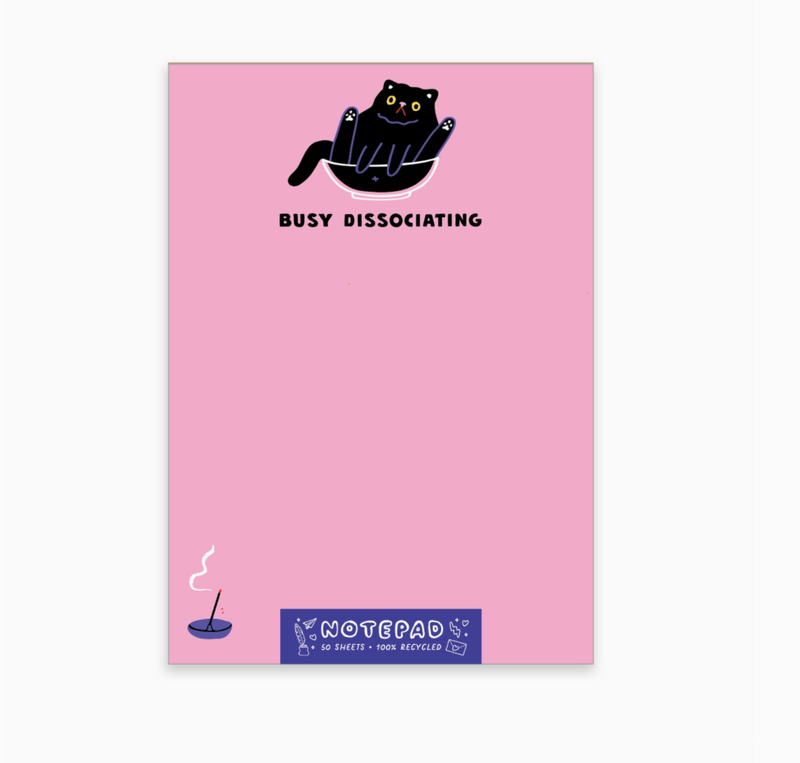 Pink notepad with a black cat illustration and text on a white background