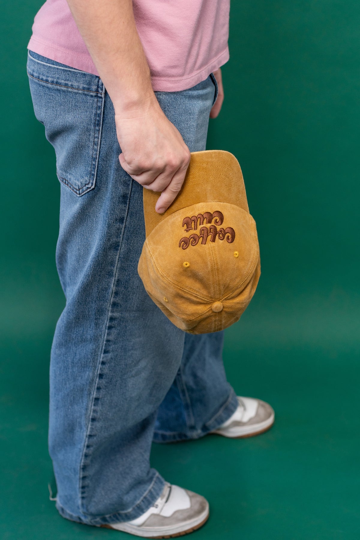 Washed mustard-gold dad cap with curved brim and Coffee Cult embroidered design by NatterDoodle