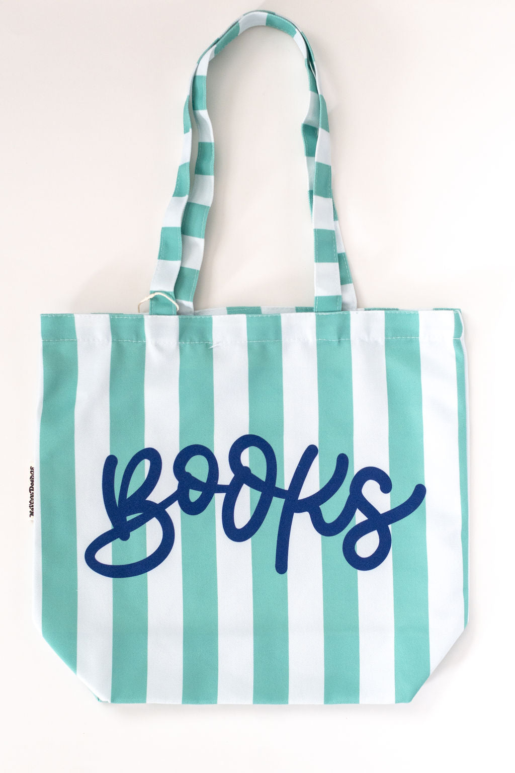 Striped tote bag with 'BOOKS' text on a white background