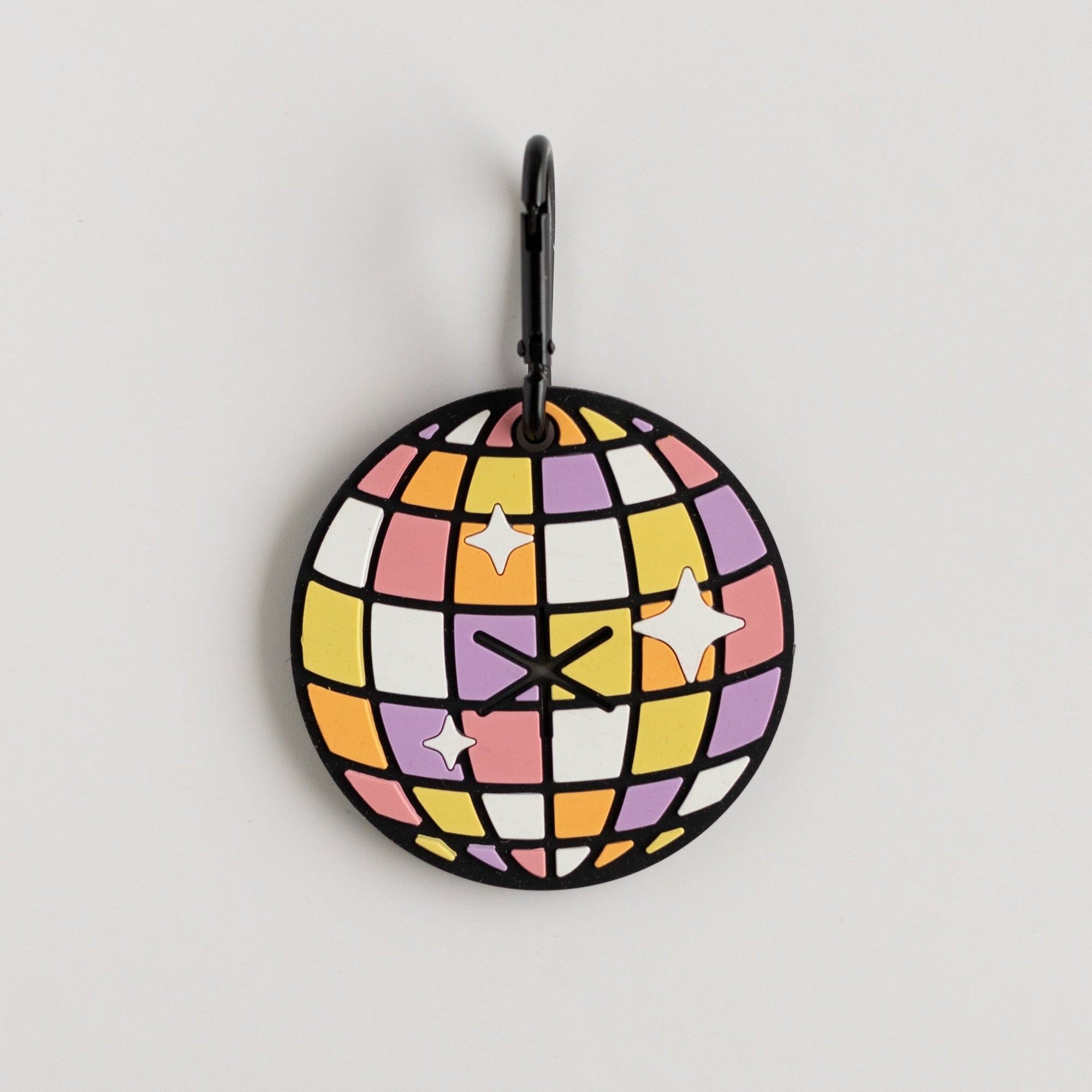 Colorful disco ball carabiner on a light gray background