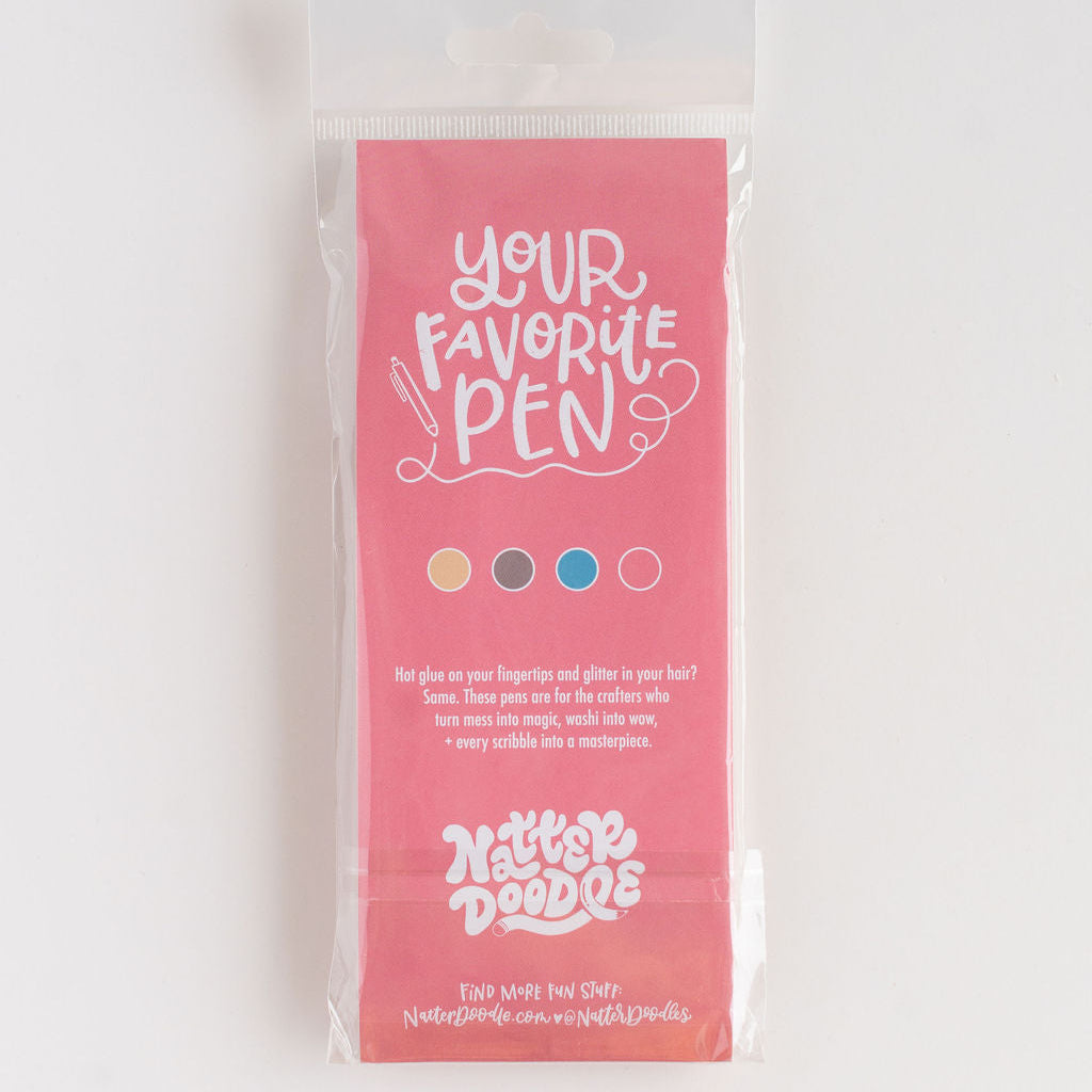 Pink packaging of 'Your Favorite Pen' with branding on a white background