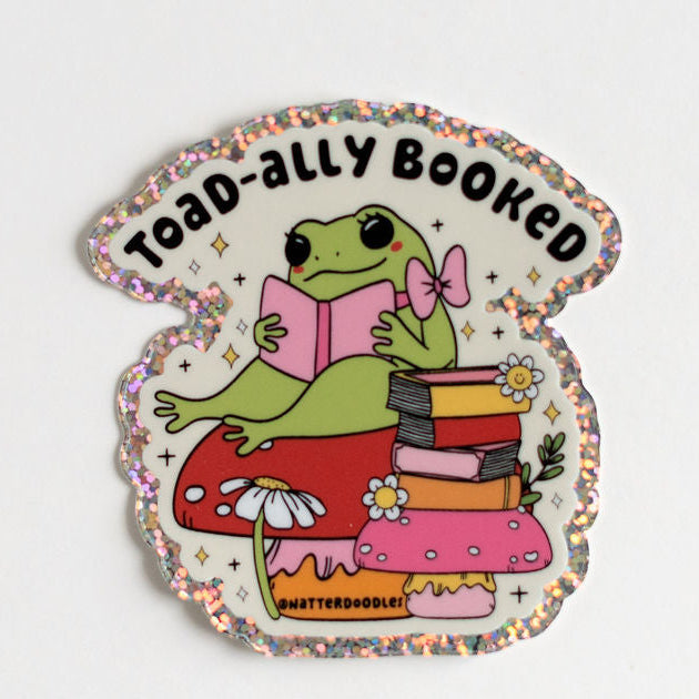 Toad-ally Booked Reading Sticker – Cute Frog on Mushroom Vinyl Book Lover Decal 3x3