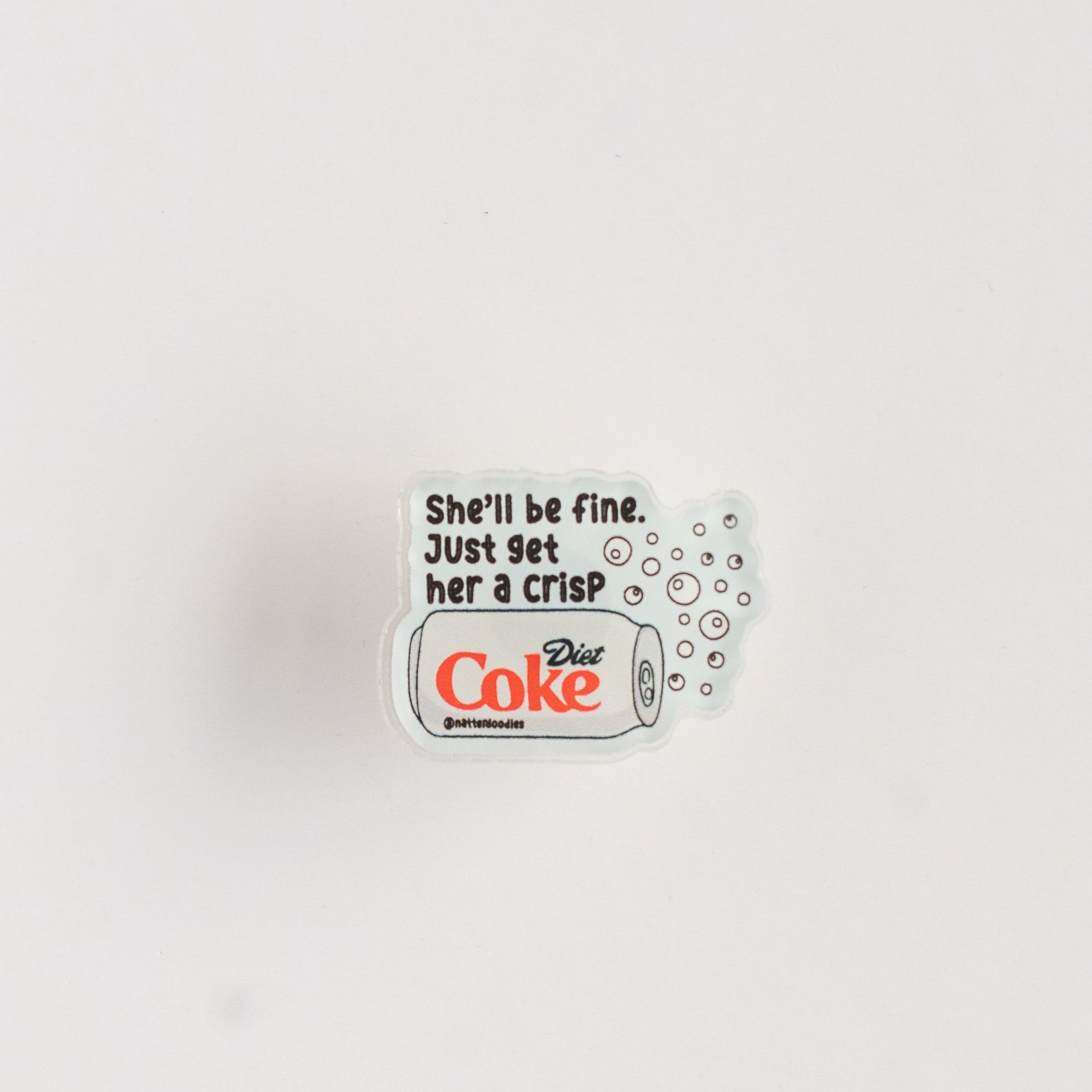 diet coke acrylic pin on white background