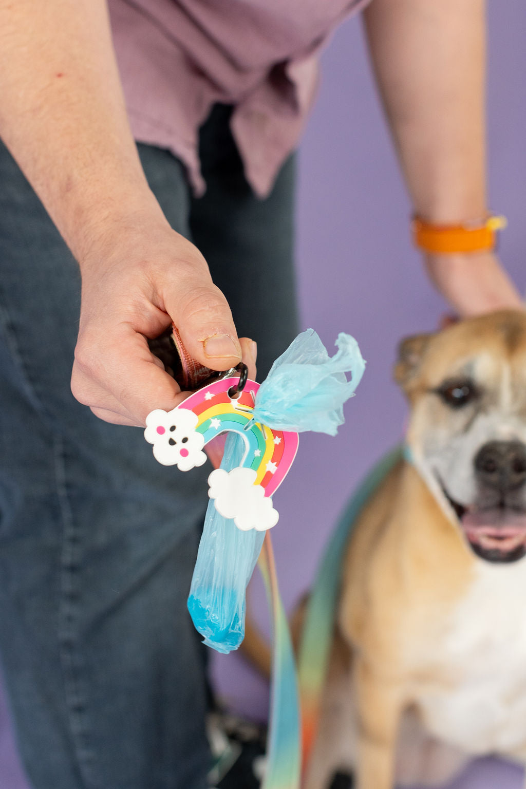 Person holding a colorful dog poop holder with a dog in the background