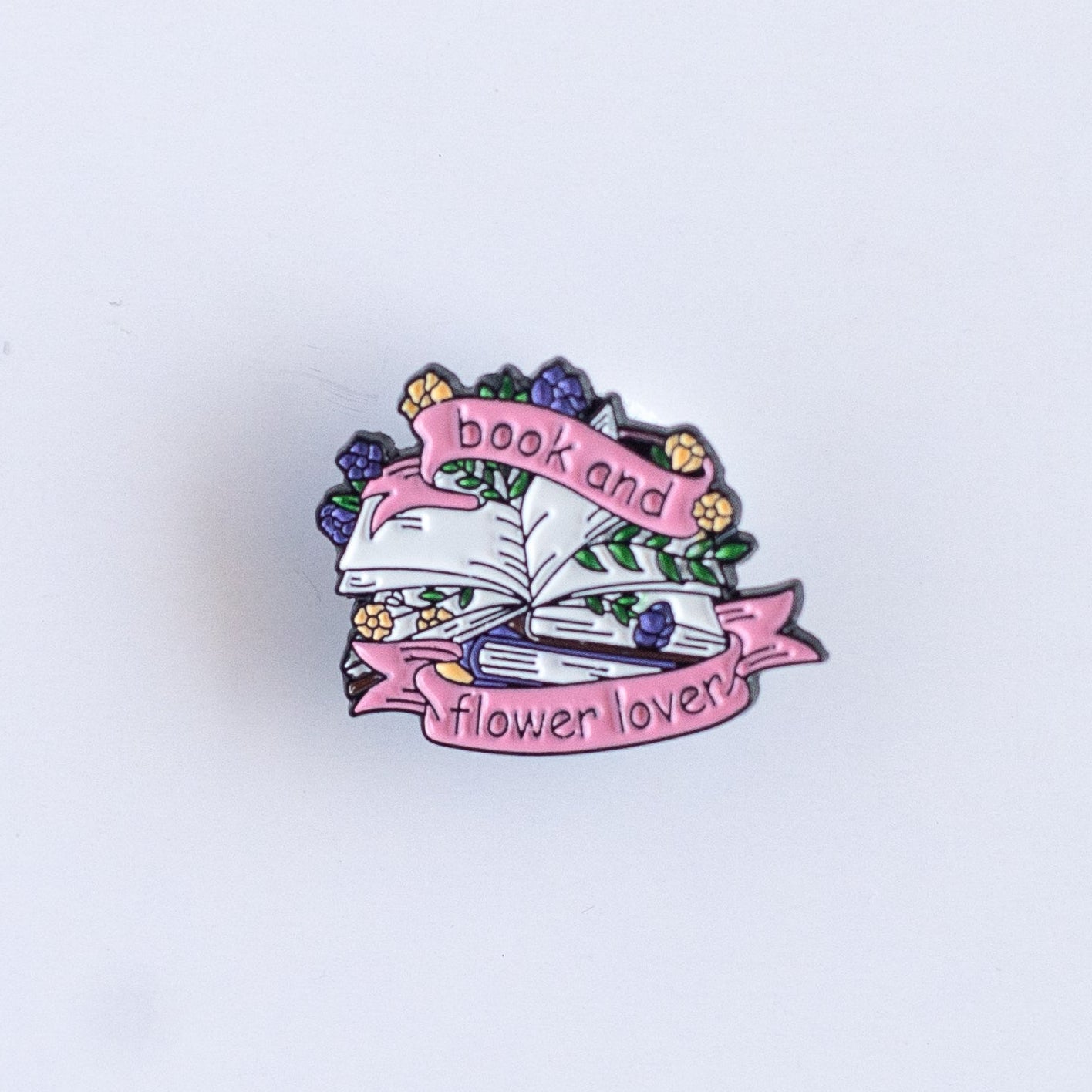 flower lover pin, book lover pin, gardener gift, floral enamel pin, reading gift, cottagecore accessory, book club gift