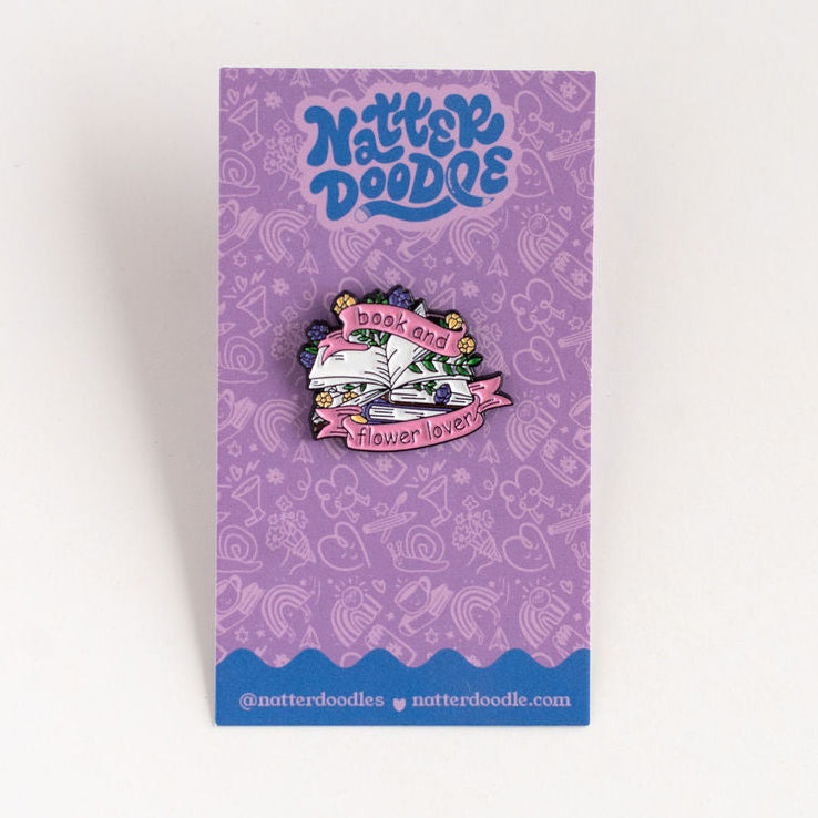 flower lover pin, book lover pin, gardener gift, floral enamel pin, reading gift, cottagecore accessory, book club gift