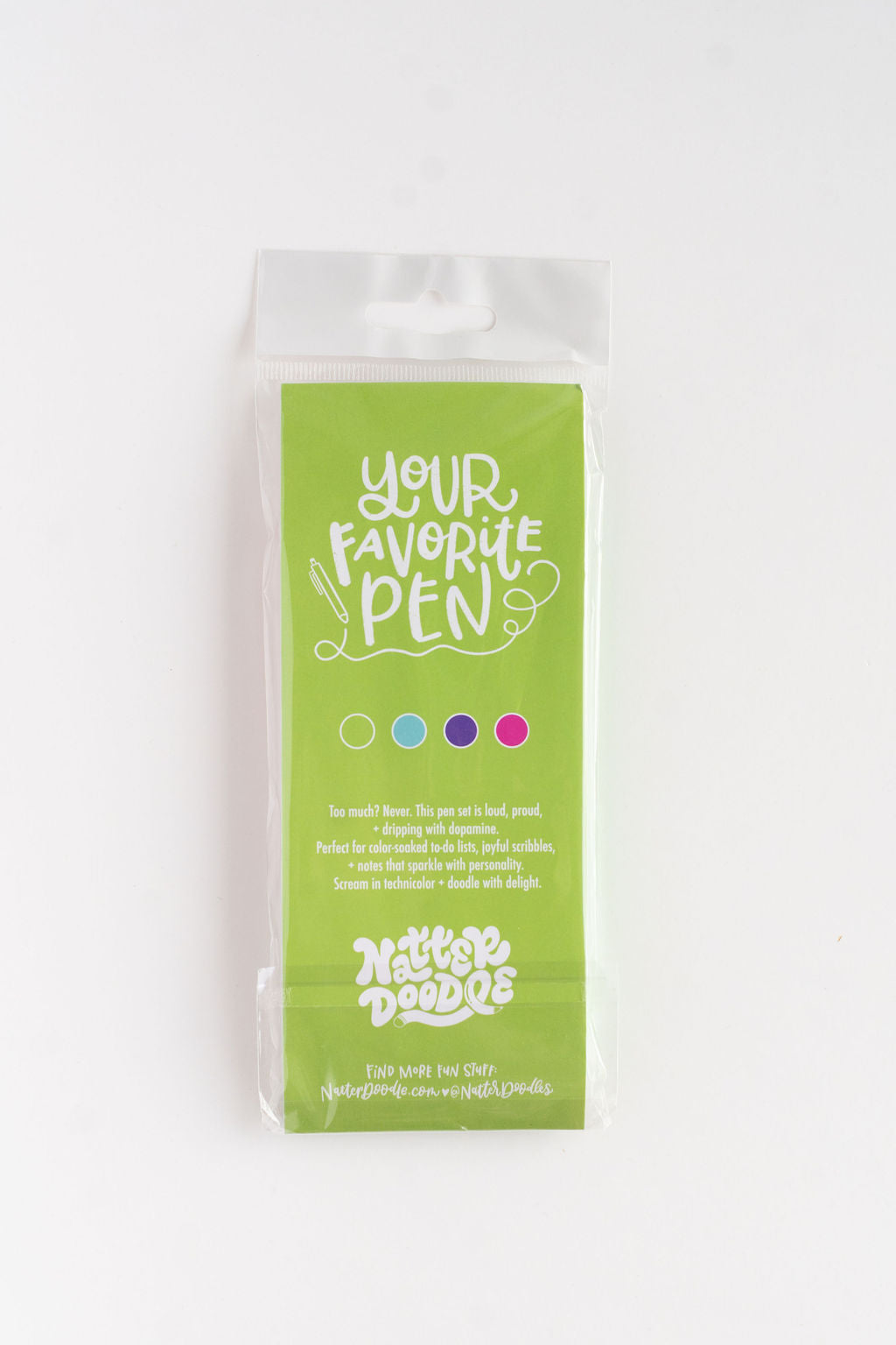 Packaging of 'Your Favorite Pen' with a green label on a white background