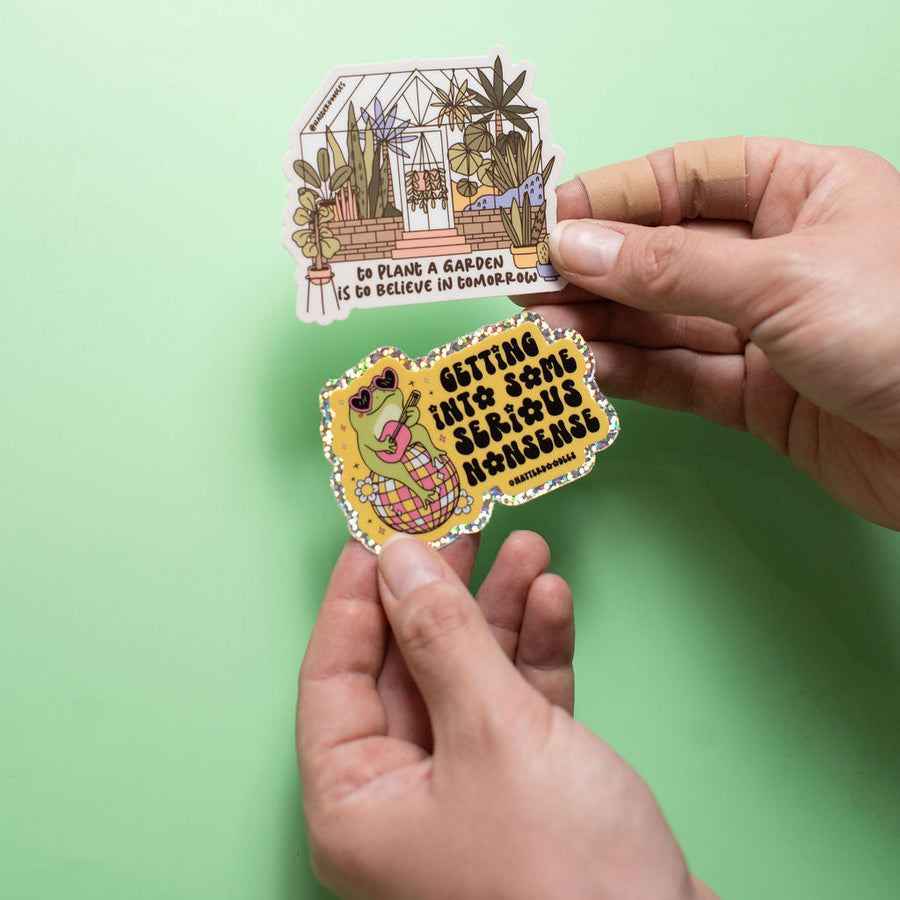 Getting Into Some Serious Nonsense Sticker – Holographic Frog Disco Vinyl Chaos Decal