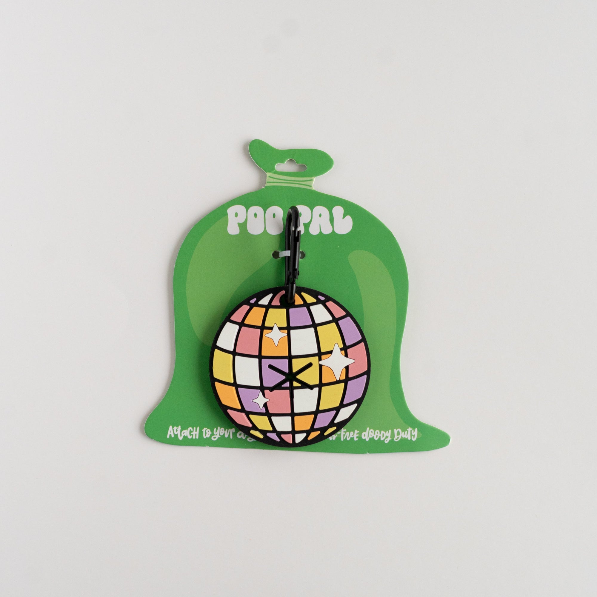 disco ball themed carabiner on green packaging and white background