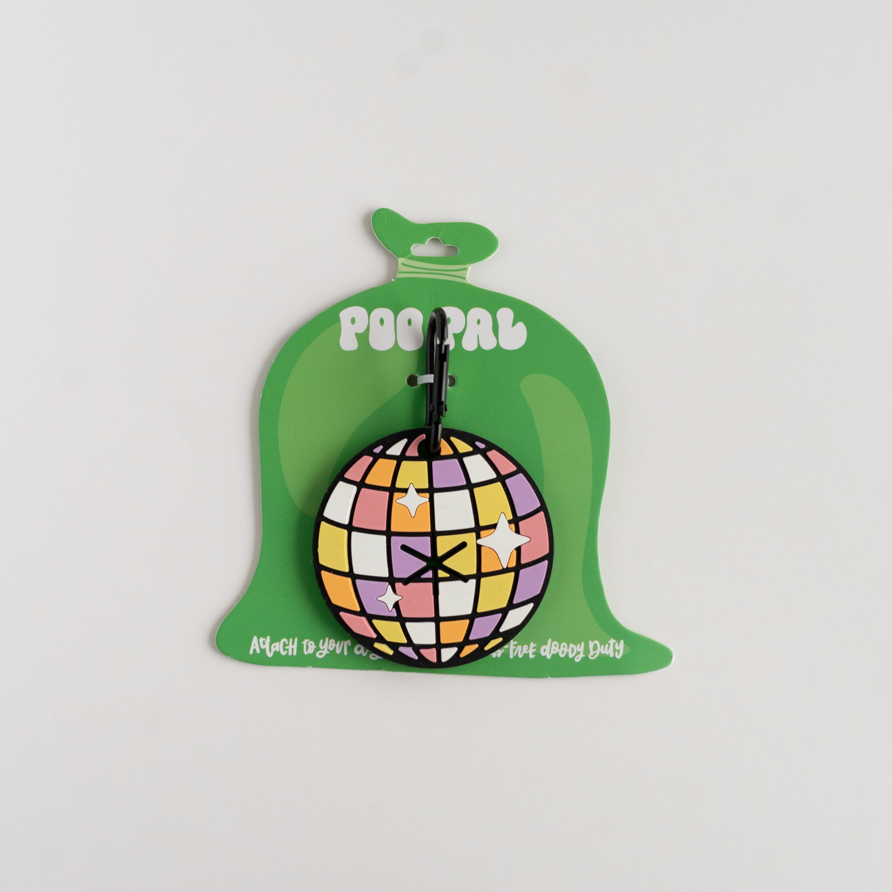 disco ball themed carabiner on green packaging and white background