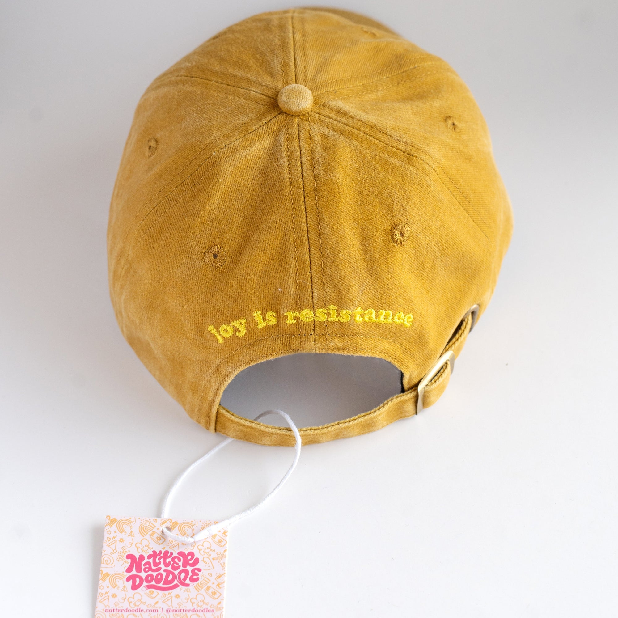 Yellow cap with text on a white background