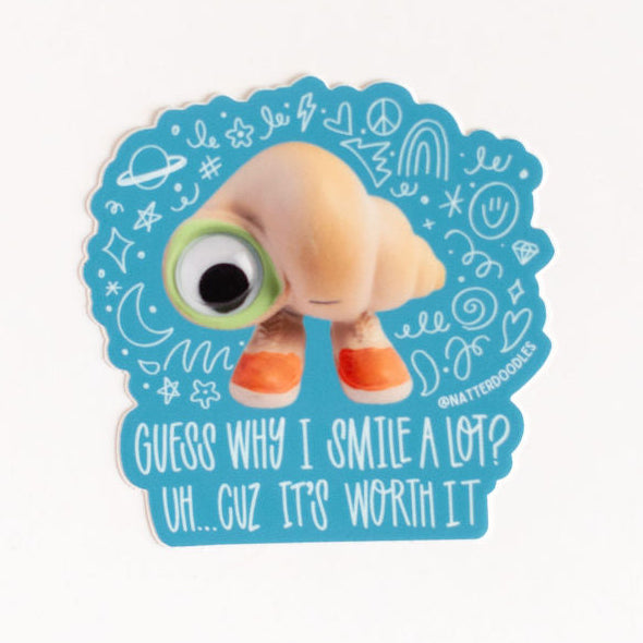 Marcel the Shell “Why I Smile a Lot” Sticker – Waterproof Vinyl Matte Die-Cut Decal