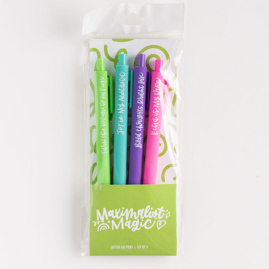 Set of colorful pens in a clear packaging with text on a white background