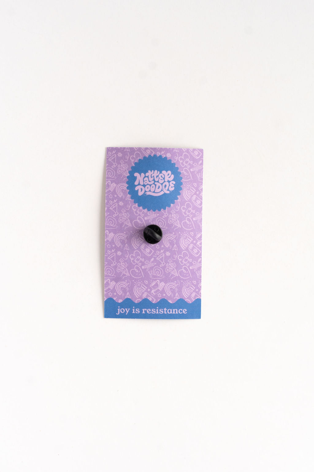 Black button on a purple card with 'Happy Doodle' branding and text.