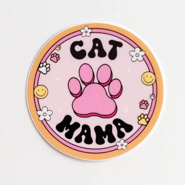 Cat Mama Pink & Orange Paw Print Vinyl Sticker — Cute Cat Mom Gift Waterproof Decal