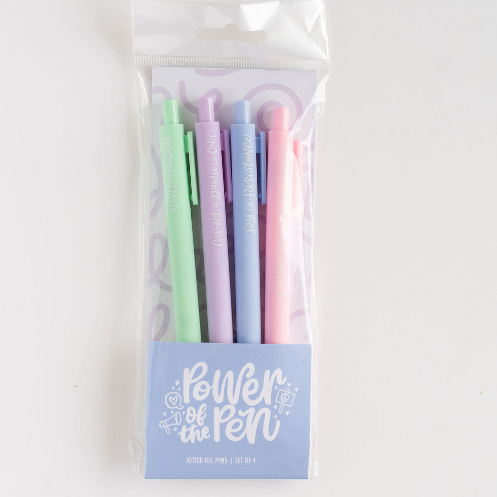 Set of pastel-colored pens in a clear plastic package with a blue label on a white background