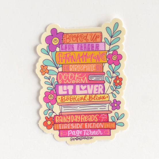 Colorful decorative sticker with text and floral elements on a white background