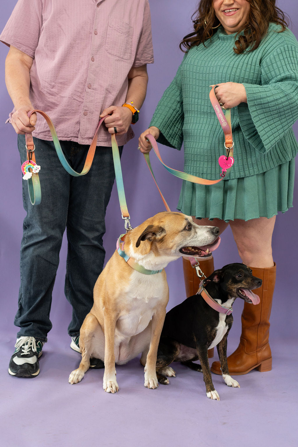 Two people with two dogs on leashes against a purple background