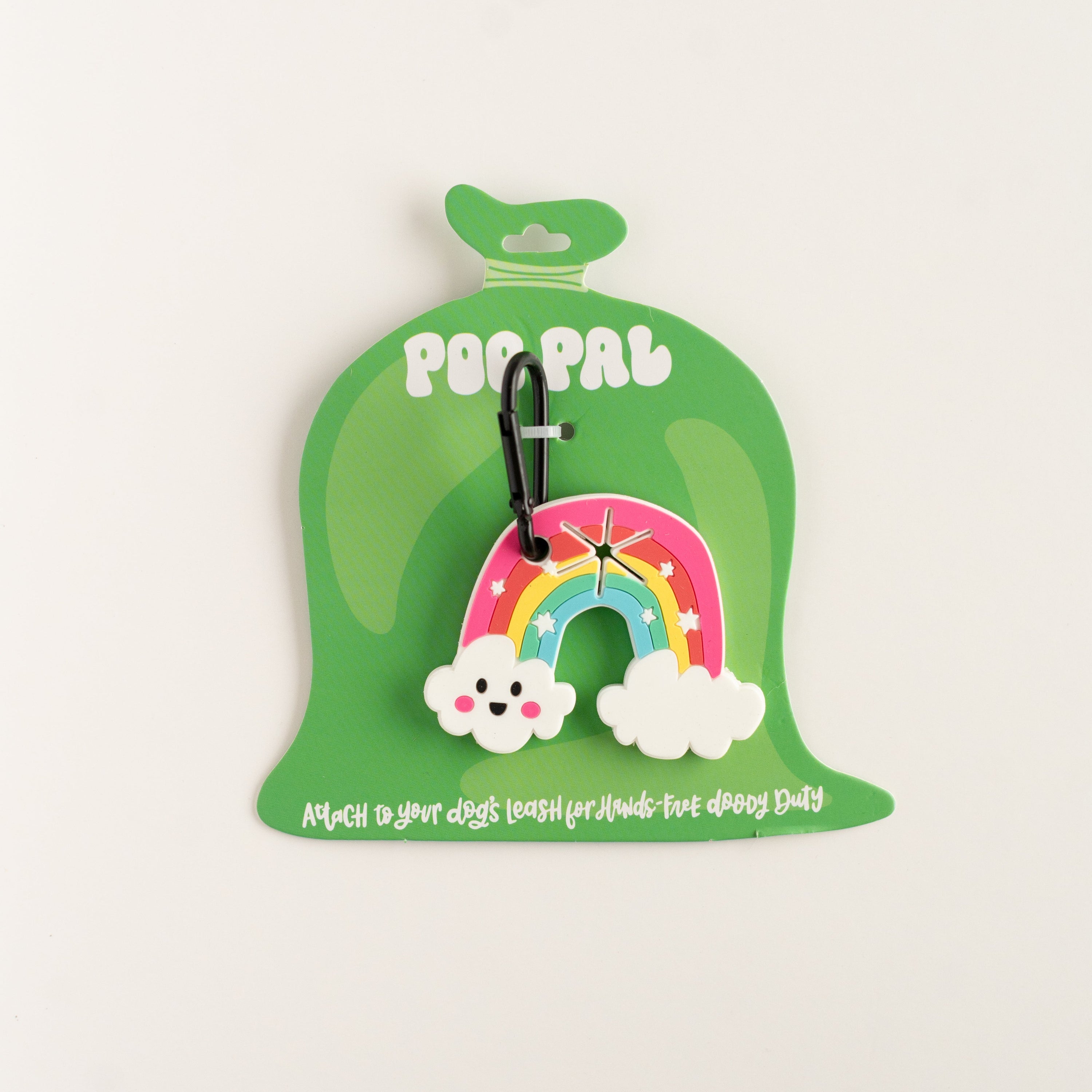 carabiner with rainbow design on a green card against a white background