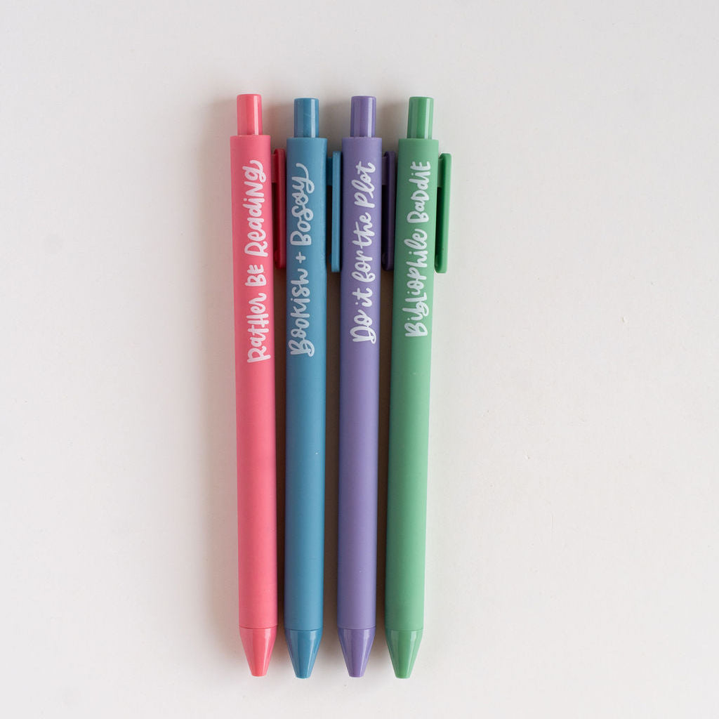 Four colorful pens with text on a white background