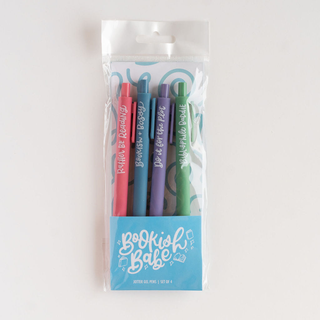 Packaged set of colorful pens with 'Bookish Babe' branding on a white background