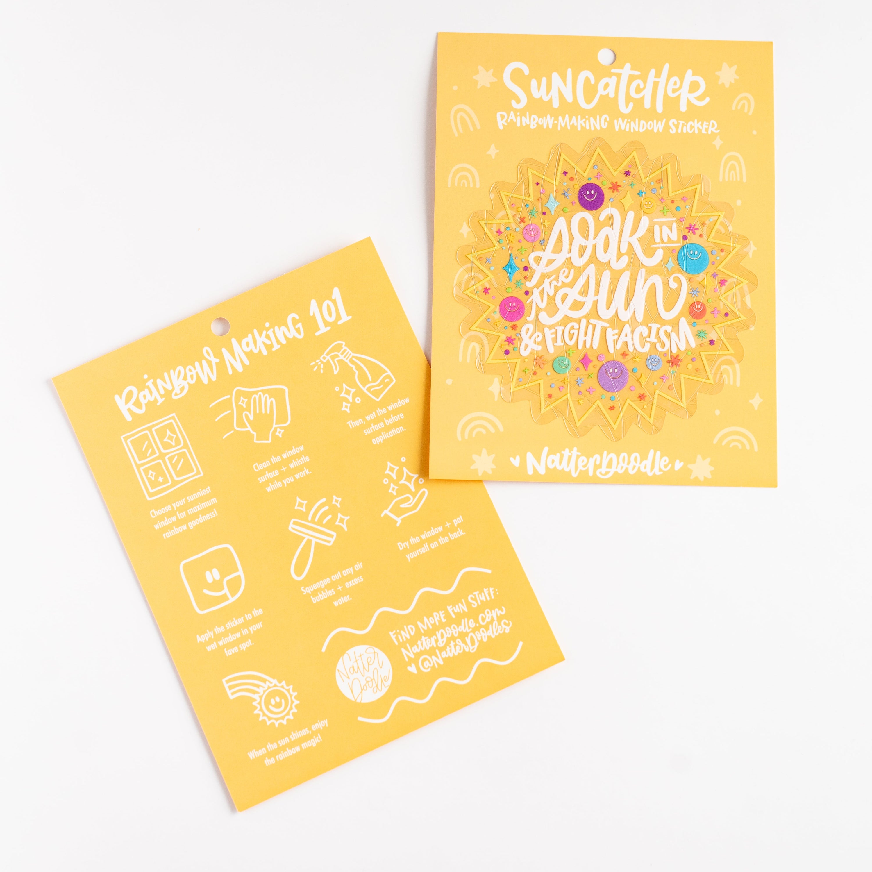 Two yellow cards with text and graphics on a white background